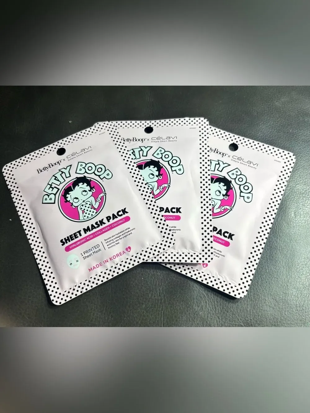 3 New Betty Boop Sheet Mask Pack Hyaluronic Acid + Collagen + Coconut